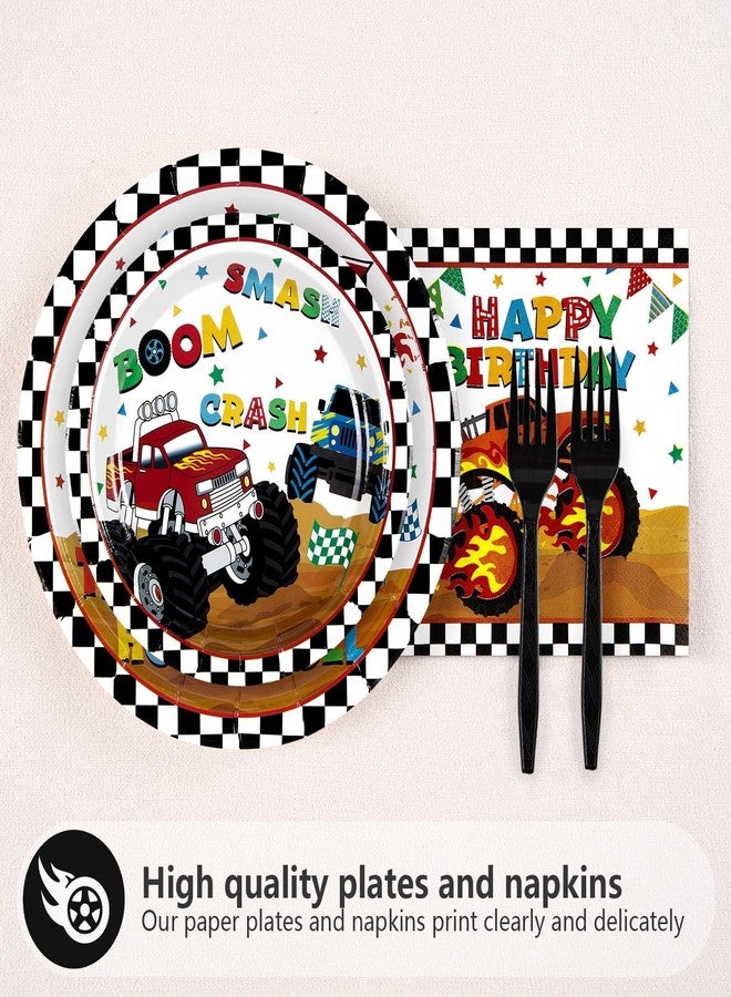 Grencian 96 Pcs Monster Cartoon Truck 2nd Birthday Party Supplies I’m 2 Truck Plates Checkered Tableware Set Racing Car Decorations for Two Year Old Kids Boys Truck Theme Party Serves 24 - Image 2